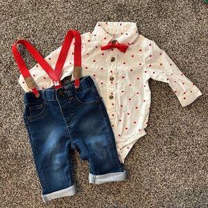 Cat & Jack Red Hearts Bow Tie Suspenders Valentine 3-6 Mo Outfit Photo Shoot Boy